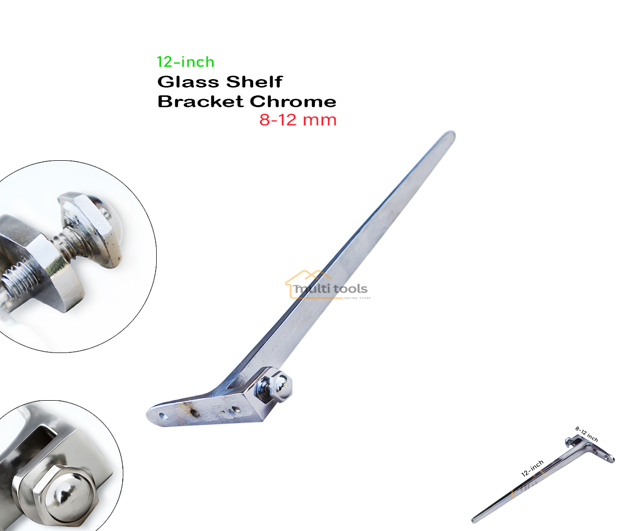 Glass Shelf Bracket Chrome 8-12mm (12 Inch)